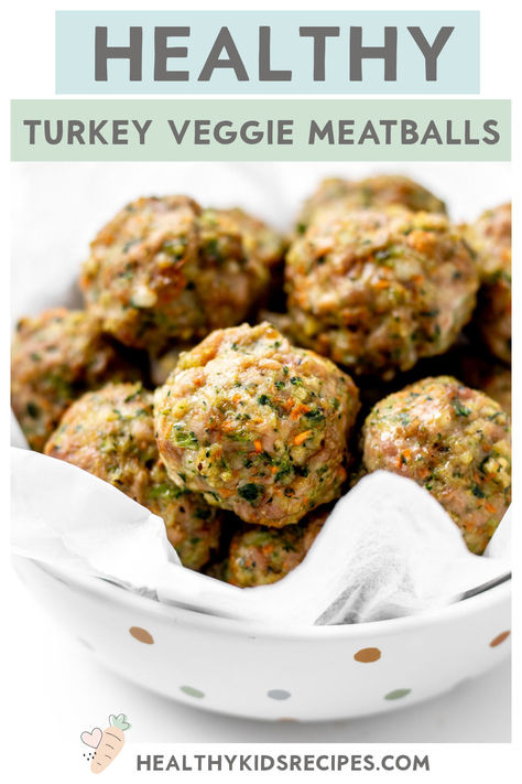 These simple, homemade turkey and veggie meatballs are the perfect protein source for kids and babies. They're loaded with spinach, carrots, and broccoli for extra fiber and nutrients, but they just taste like your favorite meatballs! Make a double batch to throw together quick, healthy dinners any night this week! Veggie Meatballs For Kids, Turkey Meatballs With Veggies, Zucchini Turkey Meatballs, Toddler Meatballs Hidden Veggies, Ground Turkey Recipes For Babies, Toddler Turkey Meatballs, Baby Turkey Meatballs, Turkey Meatballs For Baby, Toddler Meatballs