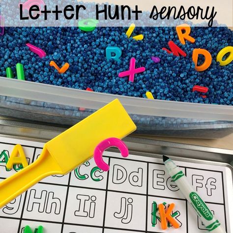 Prek Sensory Bin Ideas, Sensory Bin Center Kindergarten, Sensory Bins Occupational Therapy, Letter Hunt Sensory Bin, Sensory Bin Ideas For Special Education, Sensory Bin 2nd Grade, Sensory Bin Learning Activities, Sensory Bin Alphabet, My Family Sensory Bin