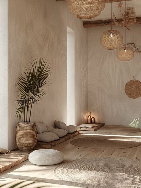 Living Room Yoga Space, Spa Inspired Living Room, Japandi Yoga Studio, Minimalist Yoga Studio, Luxury Yoga Studio, Yoga Lighting, Panels Bedroom Wall, Wellness Room Ideas, Home Yoga Studio Ideas