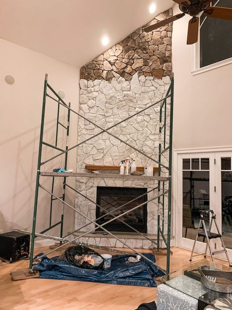 White Wash Fieldstone Fireplace, Stone Wall Painted White, White Wash Living Room Decor, Stone Wash Fireplace, Covering Stone Fireplace With Shiplap, White Washed Stone Wall, Stone White Wash Fireplace, Brick To Stone Fireplace Makeover, How To Whitewash A Stone Fireplace