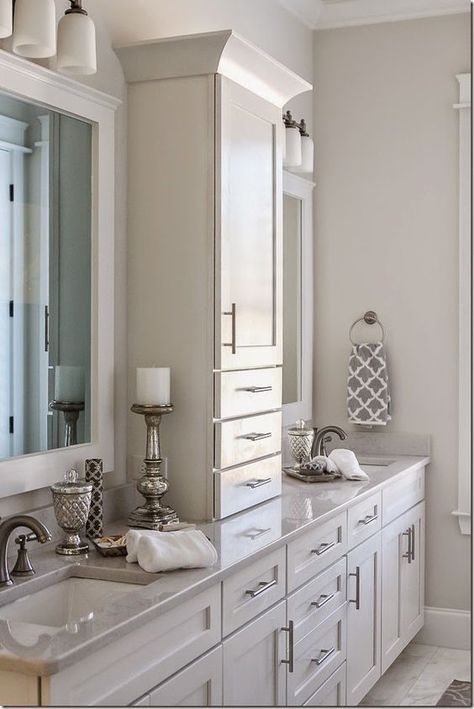 cabinet style w/o tower- add drawers instead of smaller base cabinet to store hairdryer, etc. Makeover Kamar Mandi, Bad Inspiration, Dekorasi Kamar Tidur, Master Bath Remodel, Versace Home, Girls Bathroom, Bath Room, Rustic Bathroom, Bathroom Renos