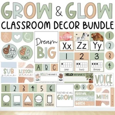 The Learning Lane | Teachers Pay Teachers Classroom Bundle Decor, Green And Pink Classroom Decor, Grow And Glow School Theme, Preschool Classroom Decor Bundle, 2nd Grade Classroom Decor Themes, Glow And Grow Classroom Theme, Muted Classroom Decor, Modern Neutral Classroom Decor, Boho Greenery Classroom Theme