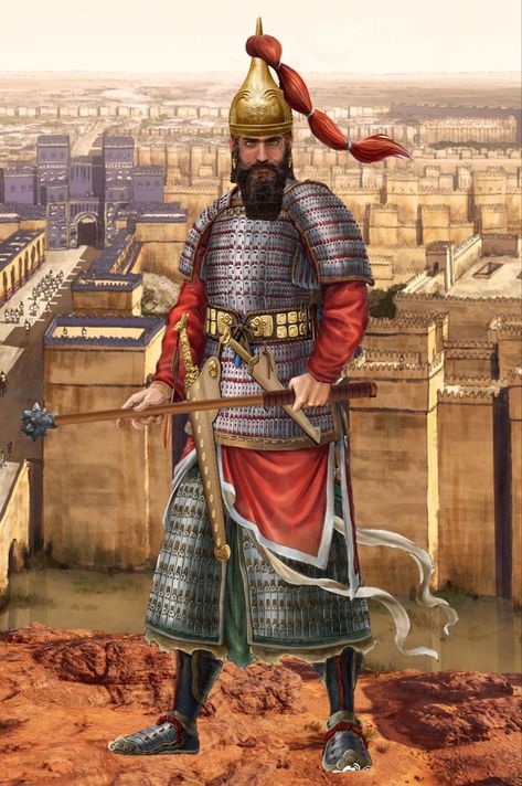 Nebuchadnezzar II is known as the greatest king of the Chaldean dynasty of Babylonia. He conquered Syria and Palestine and made Babylon a splendid city. He destroyed the Temple of Jerusalem and initiated the Babylonian Captivity of the Jewish population. Babylonian Warrior, Assyrian Soldier, Babylon Empire, Babylon King, Babylon City, Nebuchadnezzar Ii, Babylonian Empire, Hanging Gardens Of Babylon, Persian Warrior