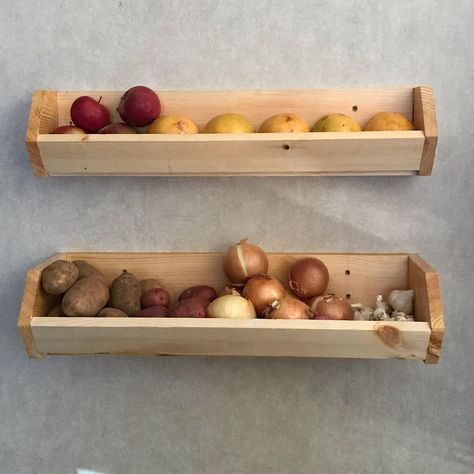 Vegetable Holder For Kitchen, Wall Vegetable Storage, Countertop Produce Storage Ideas, Produce Wall Storage, Fruit And Veggie Storage Ideas, Fruit Storage Ideas Counter Space, Vegetable Shelves, Produce Shelves, Produce Storage Kitchen