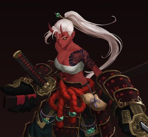 Red Oni Art Male, Female Oni Character Art, Oni Fantasy Art, Tiefling Samurai, Oni Female, Blind Goddess, Oni Character Design, Oni Woman, Female Oni