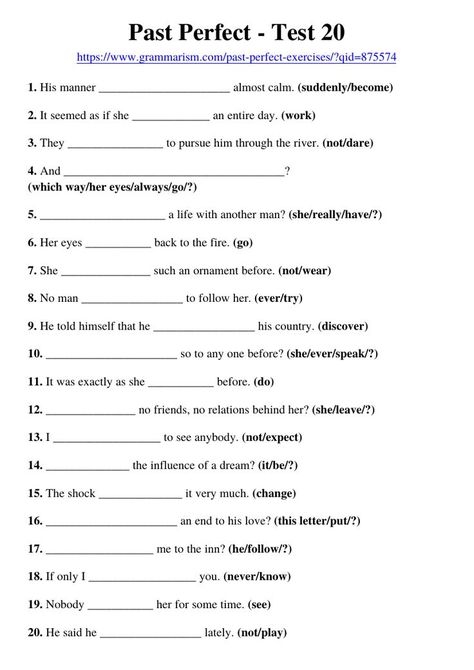 Past perfect worksheet 20. Solve online exercises or download printable pdf worksheets. Practice past perfect and learn English grammar. Check your answers for the activities. Suitable for kids and adults. Visit grammarism.com and get the worksheets. #worksheet #english #grammar #esl #practice #tefl #activities #pastperfect Past Perfect Worksheets, Past Perfect Tense, Tense Worksheet, Grammar Check, Perfect Tense, Teaching English Grammar, English Grammar Worksheets, Learn English Grammar, Improve Your English