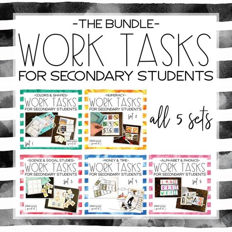 WORK TASKS FOR SECONDARY STUDENTS Severe Special Education Activities, Task Boxes For Older Students, Independent Work Tasks, Vocational Tasks, Work Bins, Life Skills Curriculum, Abc Worksheets, Sped Classroom, Alphabet Phonics