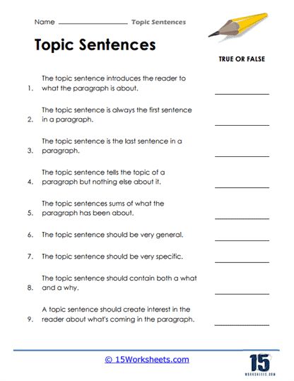 Topic Sentences #2 Worksheet - 15 Worksheets.com Topic Sentence Worksheet, Paragraph Worksheets, Sentence Worksheet, Sentences Worksheet, Elementary Worksheets, Topic Sentences, 4th Grade Writing, Preschool Math Worksheets, Writing Topics