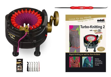 New Improved Version Of addi Express Professional Knitting Machine Extended Edition With Improved Row Counter, Pattern Book, Express Hook, Replacement Needles and 2 Stopper * Want additional info? Click on the image. (This is an affiliate link) Addi Express, Sweater Tutorial, Circular Knitting Machine, Loom Knit, Crochet Supplies, Needle Holder, Knitting Machine, Circular Knitting, Baby Hat