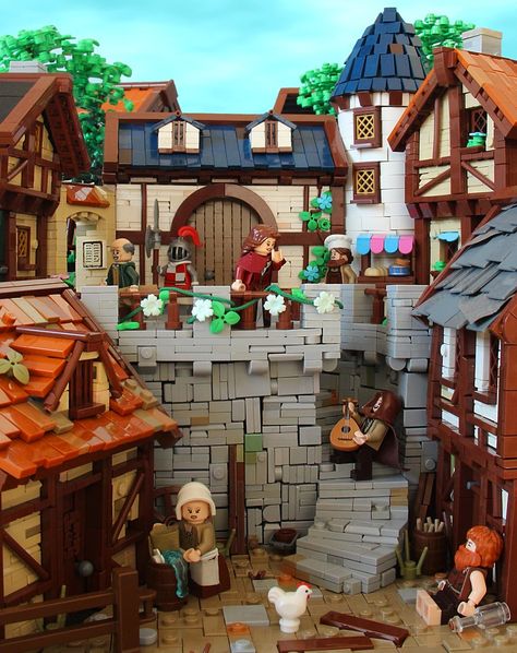 Love is in the air and on the stairs in this medieval LEGO village Medieval Lego, Lego History, Lego Christmas Village, Lego Village, Lego Medieval, Lego 4, Lego Knights, Big Lego, Lego Christmas