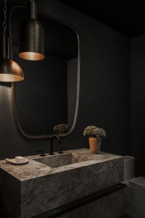 Morrison Interiors (@morrison_interiors) • Instagram photos and videos Salon Toilet Ideas, Moody Bathrooms, Stone Shelf, Moody Powder Room, Morrison Interiors, Moody Bathroom, Bath Sink, Pool Bath, Bath Sinks