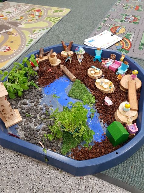 Small World Garden Ideas Eyfs, Fairy Garden Eyfs, Garden Eyfs, Garden Ideas Eyfs, Eyfs Garden, Fairy Ideas, Peter Rabbit Birthday, Rabbit Birthday, Sensory Ideas