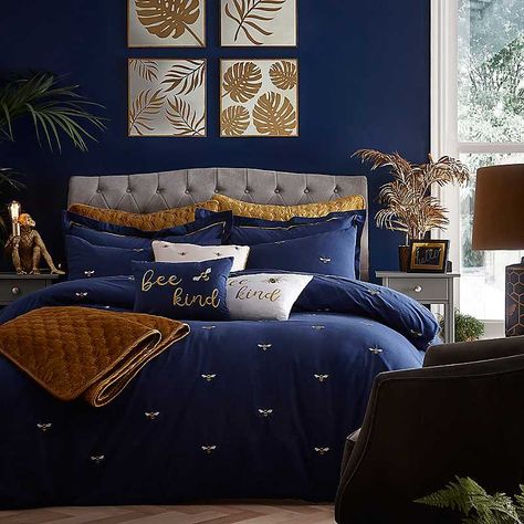 Navy Blue And Mustard Bedroom, Dark Blue And Gold Bedroom, Dark Navy Bedroom, Cozy Blue Bedroom, Navy Gold Bedroom, Bee Bedroom, Navy Bedroom Decor, Dark Blue Rooms, Blue And Gold Bedroom