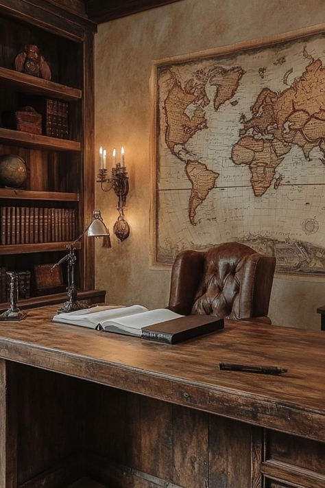 An aged wood office desk, tufted fauz leather chair, book shelves, antique books, and antique map. Medieval Office Room, Old Homes Aesthetic, Old World Office Decor, Old World Office, Medieval Office, Study Room Aesthetic, World Map Aesthetic, Antique Office Decor, Medieval Modern