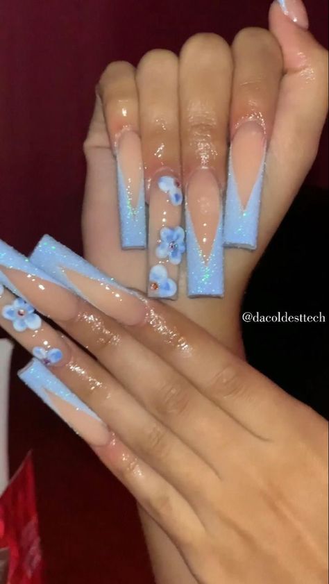 Light Blue Xl Nails, Light Blue And White Nails Acrylic Long, Light Pink Bday Nails, Light Blue Nails With Design Long, Extra Birthday Nails Blue, Long Blue Nail Ideas, Light Blue Sweet 16 Nails, Periwinkle Blue Nails Designs, Icy Blue Prom Nails