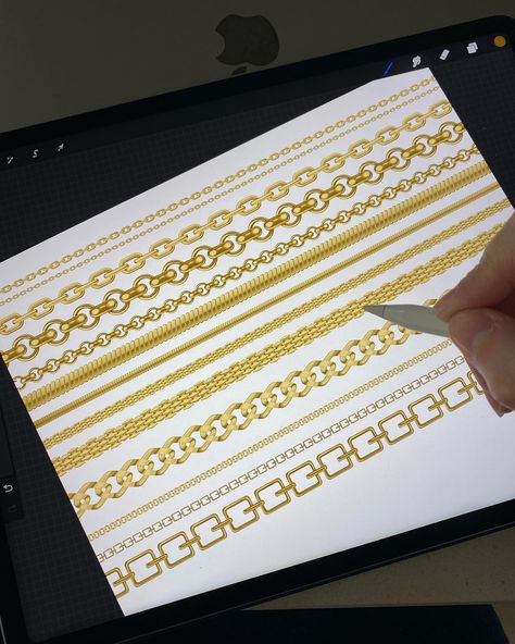 Procreate - Chain Brushes. **coming soon** I’ve been working away in the background to get the next lot of procreate brushes available. There will be over 20 different chains to use in this brush set. #chain #jewelry #jewelrydesignschool #jewellerydesign #procreatejewelry #procreate #procreatebrushes #procreatechainbrush #brushes #digitalart #samanthakellyjewellerydesigns #etherealhouseofjewellerydesign #onlinecourse #jewelleryrendering #instajewelry #instajewelrygroup @samanthakellyjewell... Procreate Drawing Jewelry, Procreate Jewelry Design, Gold In Procreate, Procreate Jewelry, Chain Brush Procreate, Corel Draw Jewellery Design, Rhinestone Designs Pattern, Procreate Brushes, Chain Jewelry