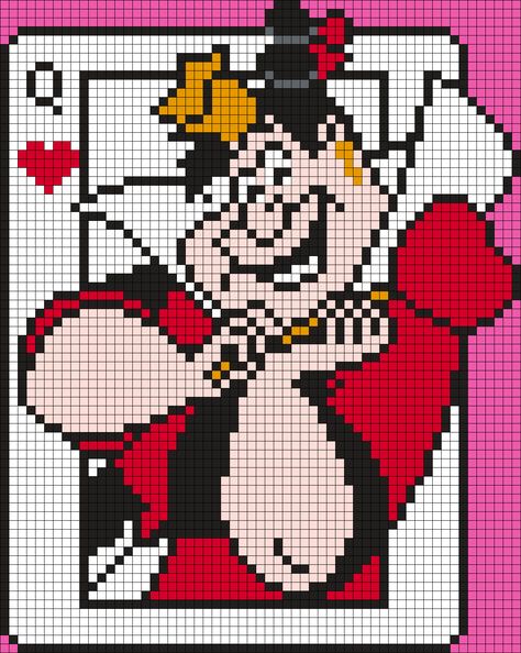 Queen Of Hearts Playing Card From Alice In Wonderland Perler Bead Pattern / Bead Sprite Queen Of Hearts Cross Stitch, Alice In Wonderland Cross Stitch, Pixel Art Minecraft, Kandi Cuffs, Hearts Playing Cards, Wonderland Alice, Disney Cross Stitch Patterns, Disney Cards, Square Grid