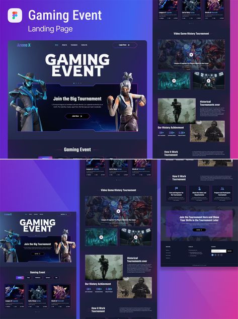 Arena X Gaming Event Landing Page Figma Template Gaming Landing Page, Game Landing Page, Gaming Event, Figma Template, Event Website, Rpg Games, Design System, Ui Design, Landing Page