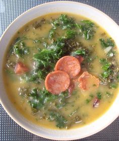 Caldo Verde - Portuguese Kale & Chorizo Soup Linguisa Sausage, Caldo Verde Recipe, Verde Soup, Portuguese Kale Soup, Portuguese Soup, Chorizo Soup, Sausage Potato Soup, Brazilian Recipes, Chorizo And Potato