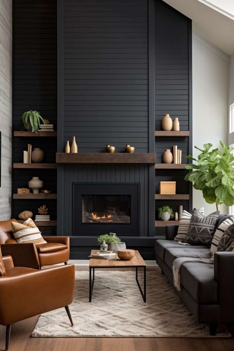 40  Black Shiplap Fireplace Ideas That Blend Warmth and Style Asymmetrical Fireplace Wall Built Ins, Slate Gray Fireplace, Shiplap Fireplace With Wood Mantle And Tv, Moody Basement Fireplace, Fireplace Focal Wall Ideas, Modern Rustic Living Room Fireplace, Shiplap Covered Fireplace, Real Wood Fireplace Ideas, Fireplace Tv Wall Black