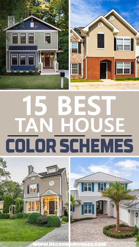 Tan House Color Schemes. Are you considering tan or beige exterior paint for your house? These tan house color schemes with showing you the best paint color combinations to make your house more beautiful. #decorhomeideas Shutters For Tan Siding, Painting Outside Shutters, Tan Sided House Color Schemes, Taupe House Paint Exterior, Updating Beige House Exterior, Cream Colored Siding With Shutters, Best Beige Exterior House Colors, Light Tan Siding House Color Schemes, Beige And Tan House Exterior