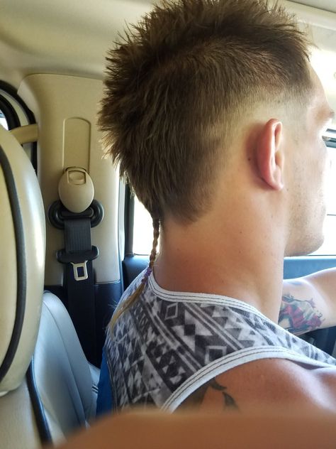 man with short hair and braided rattail Braided Rat Tail Men, Rat Tail Braid Men, Mohawk With Rat Tail, Braided Rat Tail, Mens Rat Tail Haircut, Rats Tail Haircut, Rattail Hair, Rattail Haircut, Ratty Hair