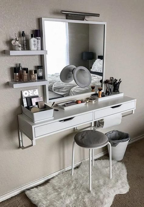 bedroom makeup vanity ideas wall mounted dressing table  #makeup #vanity #table #furniture #design #ideas #bedroominspo Wall Mounted Dressing Table, Bedroom Hacks, Bedroom Makeup Vanity, Ikea Bedroom, Future Room, Makeup Room Decor, Budget Bedroom, Small Bedroom Decor, غرفة ملابس