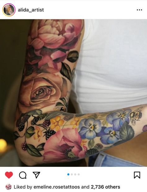 Womens Color Sleeve Tattoo, Arm Tattoos For Women Upper, Realistic Flower Tattoo, Violet Tattoo, Space Tattoos, Tattoo Coverup, Garden Tattoos, Beautiful Tattoos For Women, Full Arm Tattoos