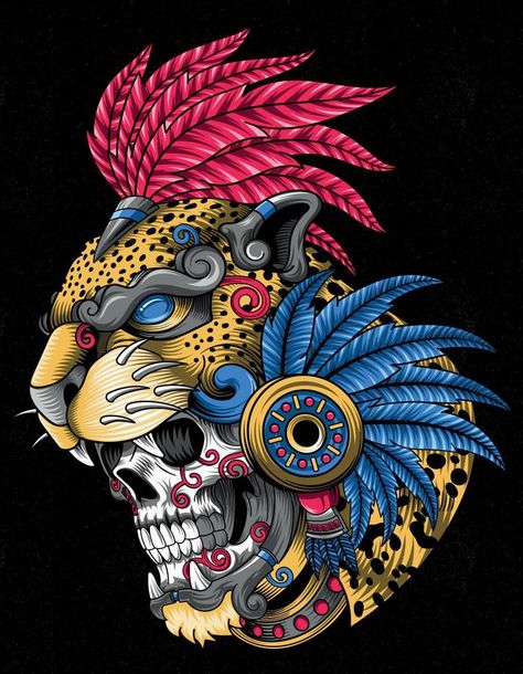 calavera guerrero azteca jaguar Warrior Tshirt Designs, Aztec Jaguar, Jaguar Warrior, Skull Warrior, Mexican Art Painting, Aztec Skull, Azteca Tattoo, Che Guevara Art, Aztec Drawing