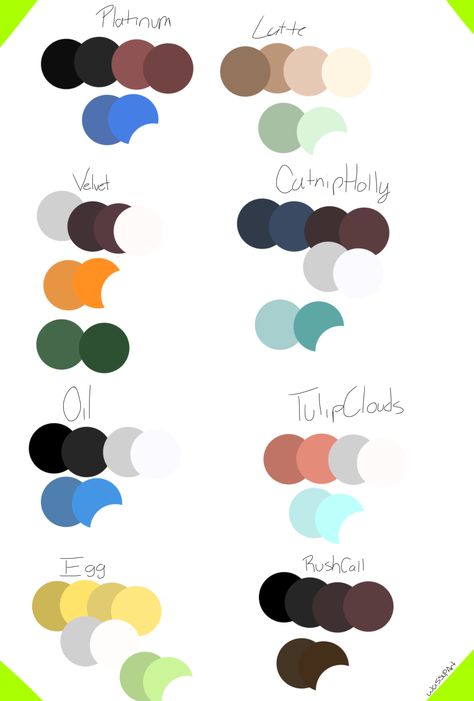 These are the colour schemes of my OCs. Please do not re-upload this image. Wcue Morph Colors, Warrior Cats Color Palette, Wcue Color Palette Ideas, Warrior Cats Oc, Wcue Morph, Warrior Cat Oc, Cat Oc, Cat Ideas, Warrior Cat