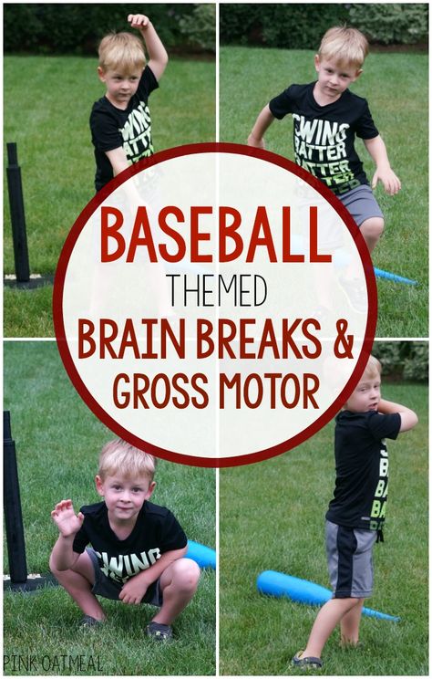 Baseball themed activities!  This one is the best for baseball themed games, gross motor, or a brain break.  Use these baseball themed brain breaks in the classroom, for preschool gross motor, PT, OT, SLP or at home.  The kids LOVE the baseball theme.  Such great ideas for World Series gross motor and World Series games too! Sports Theme Science Activities, Preschool Baseball Activities, Baseball Themed Games, Preschool Gross Motor, Homeschool Themes, Baseball Activities, Pediatric Physical Therapy Activities, Staar Review, Pink Oatmeal