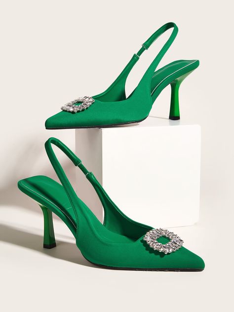 Green Glamorous    Plain Slingbacks Embellished   Women Shoes White High Heel Shoes, Green Pumps, White High Heels, Fancy Shoes, Shoe Inspo, Low Heel Shoes, Elegant Shoes, Slingbacks, Pretty Shoes