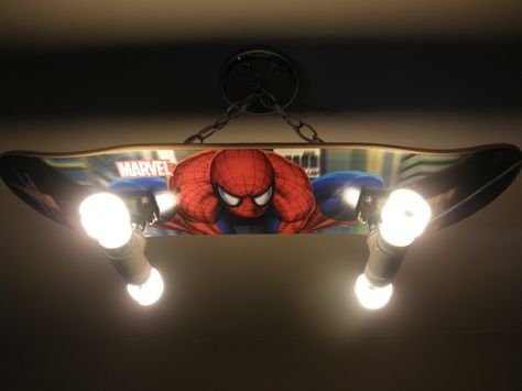 Custom Hanging Spiderman Skateboard Light by LightingCrafters Spiderman Skateboard, Hanging Spiderman, Custom Spiderman, Skateboard Light, Sport Quotes Motivational, Budweiser Beer, Hanging Ceiling Lights, Kids Decor, Hand Built