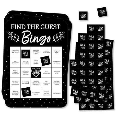 "Mr. and Mrs. - Find the Guest Bingo Cards and Markers - Black and White Wedding or Bridal Shower Bingo Game - Set of 18 *Set Includes - 18 Rectangle-Shaped Game Cards, 18 Perforated Marker Sheets, 1 Perforated Call Sheet, and Game Instructions *Please Note: purchasing multiple bingo games will guarantee multiple winners, there are only 18 unique cards per game package *Rectangle Shaped Bingo Cards Measure 5\" Wide x 7\" Tall *Perforated Marker Sheet Measures 2.75\" Wide x 5\" Tall - Individual Find The Guest Bingo, Guest Bingo, Find The Guest, Bridal Shower Bingo, Wedding Shower Games, Wedding Activities, Wedding Fun, Future Wedding Plans, Black And White Wedding