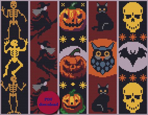 Creative Embroidery Kit: DIY Cross Stitch Pattern Bundle  Bookmarks for Halloween, Perfect for Book Lovers, Easy for Beginners is a digital product. Saint Patrick embroidery digital bookmark patterns are simple and modern, suitable for embroidery beginners.  Size: 10 1/10 x 7 4/5 inches or 25,76 x 19,96 cm. Fabric: 14 pieces Aida Stitches: 142 х 110. Size of each bookmark 2 x 7 4/5 inches Colors: DMC. The number of colors is 14. The actual DMC color may differ slightly from the image you see in Halloween Cross Stitch Bookmark, Embroidery Beginners, Digital Bookmark, Halloween Parfait, Cross Stitch Fonts, Halloween Cross Stitches, Diy Cross, Cross Stitch Bookmarks, Creative Embroidery