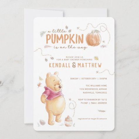 Winnie The Pooh Fall, Pumpkin 1st Birthdays, Winnie The Pooh Baby Shower, Autumn Invitations, Disney Baby Shower, Gender Neutral Baby Shower Invitations, Harvest Pumpkin, Pooh Baby, Pumpkin Baby