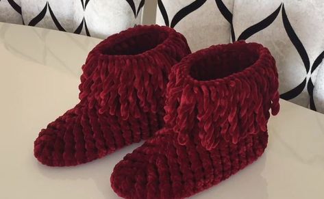 Velvet Crochet Slippers, Velvet Yarn Crochet Slippers, Crochet Velvet Socks, Boots With Tassels, Crochet Slipper Boots, Crochet Slipper, Velvet Socks, Velvet Slippers