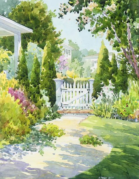 White Gate, Things To Paint, Watercolor Scenery, Tree Watercolor Painting, Favorite Paintings, Watercolor Art Landscape, Watercolor Architecture, Garden Watercolor, Watercolour Inspiration