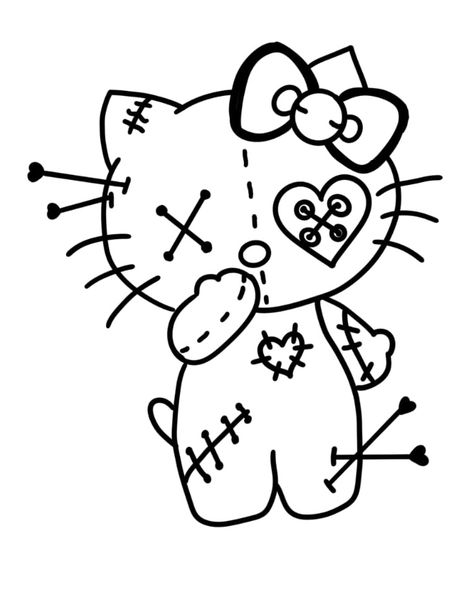 Friday The 13th Tattoo Flash Traditional, Spooky Hello Kitty Tattoo, Voodoo Doll Tattoo Stencil, Emo Hello Kitty Tattoo, Hello Kitty Body Base, Urban Legend Drawing, Monster High Outline, Hello Kitty Tattoo Stencil, Batman And Hello Kitty Drawing