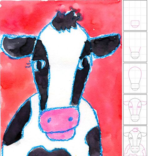 Art Projects for Kids: Watercolor Cow Face Trin For Trin Tegning, First Grade Art, 2nd Grade Art, Creation Art, Cow Face, Art Projects For Kids, Art Lessons For Kids, Farm Art, Elementary Art Projects