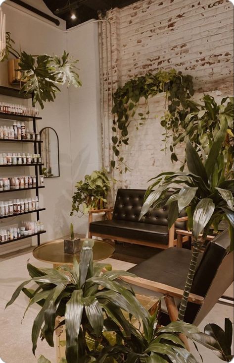 Simple Modern Salon Design, Salon Plants Decor, Nature Salon Design, Natural Salon Decor Interior Design, Greenery Spa Room, Salon Decor With Plants, Esthetician Room Decor Green, Brick Wall Spa Room, Boho Aesthetic Salon