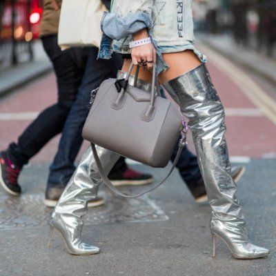 Silver boots #shoes #shoesbaby #ShoesHeaven #shoesnob #shoesdesign #shoesfigure # Silver Boots Outfit, Metallic Boots Outfit, Double Denim Looks, Goddess Style, Over The Knee Boot Outfit, Knee Boots Outfit, High Boots Outfit, Popsugar Food, Metallic Boots