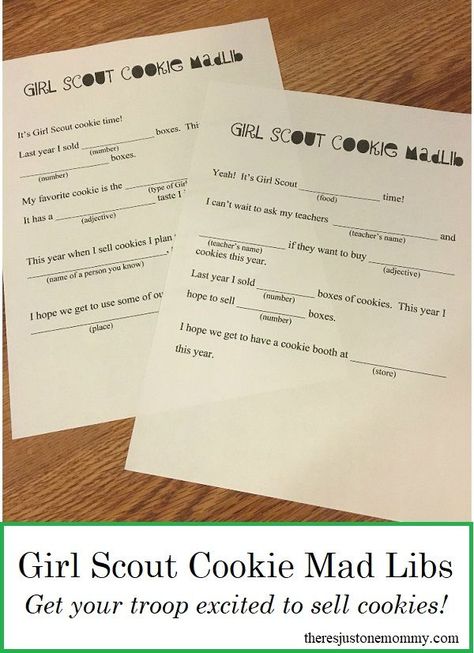 This simple Girl Scout cookie activity will get the girls excited to sell cookies this year. Print the Girl Scout cookie mad libs and be ready for smiles! #GirlScouts #kidsactivity Girl Scout Cookie Crafts For Kids, Girl Scout Cookie Games, Cookie Booth, Girl Scout Cookie Sales, Girl Scout Cookies Booth, Gs Cookies, Brownie Scouts, Girl Scout Activities, Daisy Scouts