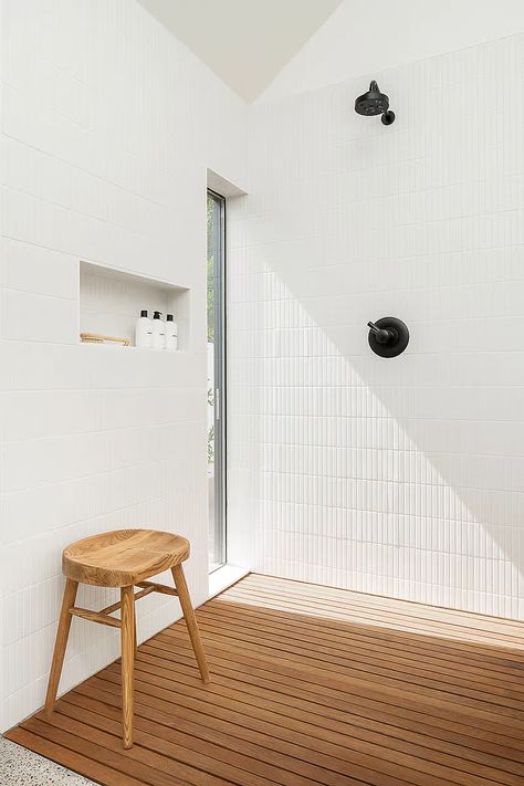 Bathroom With Vaulted Ceiling, Black Wall Tiles, Mid Century Remodel, Bathroom Layouts, Black Appliances, Cypress Wood, Vaulted Ceilings, Wood Vanity, Oak Cabinets