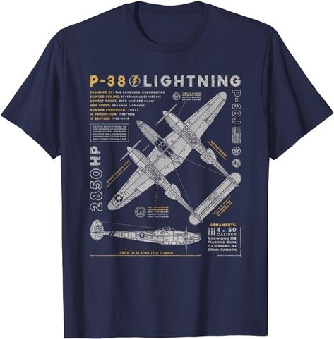 Amazon.com: P-38 Lightning | Vintage P38 Fighter Aircraft | WW2 Aviation T-Shirt : Clothing, Shoes & Jewelry Ww2 Fighter Planes, Plane Spotter, Wwii Fighter Planes, F4u Corsair, P 51 Mustang, Wwii Fighters, P51 Mustang, Vintage Aviation, Vintage Aircraft