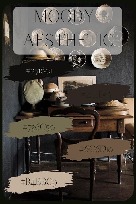 Aesthetic Hex Codes, Dark Academia Colors, Dark Academia Aesthetic Bedroom, Dark Academia Color Palette, Dark Academia Bedroom Ideas, Dark Academia Color, Moody Dark Academia, Dark Green Living Room, Moody Aesthetic