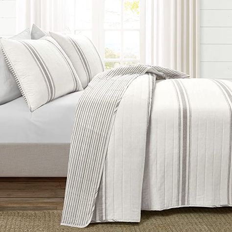 Amazon.com: Lush Decor Farmhouse Stripe 3 Piece Quilt Set, King, Gray : Home & Kitchen Pinstripe Bedding, Cotton Quilt Set, Striped Quilt, Lush Decor, Grey Quilt, Red Quilts, Cotton Bedding Sets, Quilted Coverlet, King Quilt