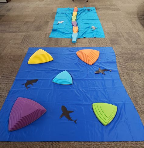 Preschool Shark Week Activities, Shark Gross Motor Activities, Ocean Obstacle Course, Shark Week Activities For Toddlers, Preschool Shark Week, Shark Week For Kids, Shark Activities For Toddlers, Shark In The Park Activities Eyfs, Shark Week Preschool Activities