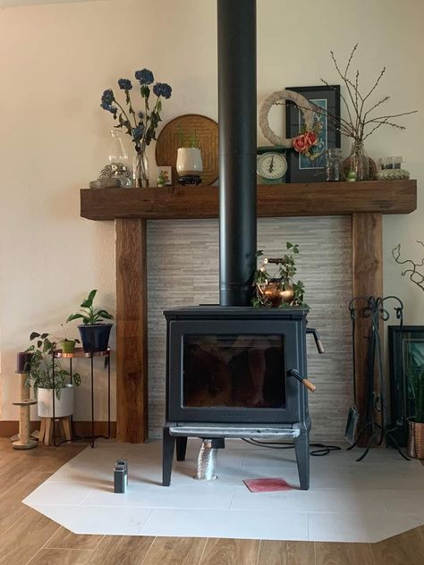 Stove Wood Shelf, Pellet Stove Wall Ideas, Brick Wall Wood Stove, Mantel Over Wood Stove, Freestanding Wood Burning Stove, Wood Burner Stove Ideas, Mantel Behind Wood Stove, Wood Stove And Tv Placement, Wood Stove With Mantle Behind