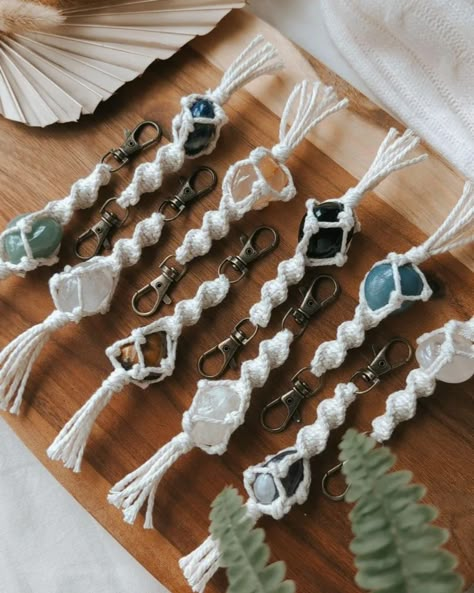 Macrame keyrings featuring various crystals are finally here guys and it's time to pick your favourite! ✨ Add it to your keys, handbag, backpack or wallet and have your favourite wwith you wherever you go! 🧡 Choose between - tiger eye, rose quartz, clear quartz, amethyst, citrine, flower agate, green aventurine, blue aventurine, lapis lazuli and black obsidian. >> Available now on website! 🪩 #macramekeychains #keyrings #crystals #macrameaccessories #keychain #springaccessories #crystalene... How To Add Beads To Macrame, Macrame Stone Keychain Diy, Macrame Keychain Name Beads, Macrame Dragonfly Keychain, Crystal Macrame Keychain, Crystal Key Lanyard, Diy Keyring, Spring Accessories, Macrame Ideas